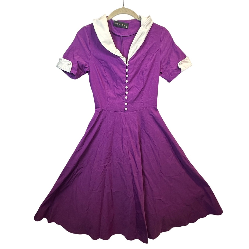 GownTown Purple Retro 1950s Rockabilly Swing Dress White Collar Pearl Buttons S